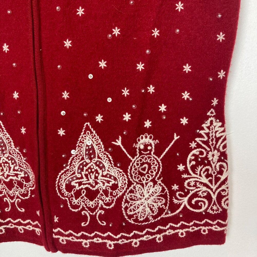 Talbots Red Wool Embroidered Holiday Vest Small Snowflake Snowman Full Zip XMas - Picture 2 of 6